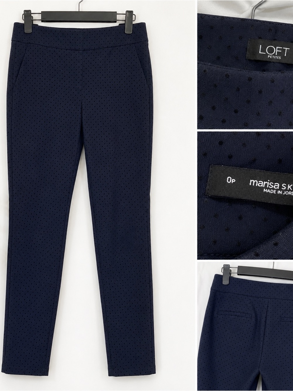 LOFT Petites Marisa Skinny Pants Size 0P Navy Blue Flocked Polka Dot